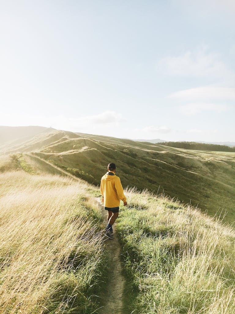 Home A man in a yellow jacket hikes along a grassy hill during a bright sunny day, capturing adventure and nature.